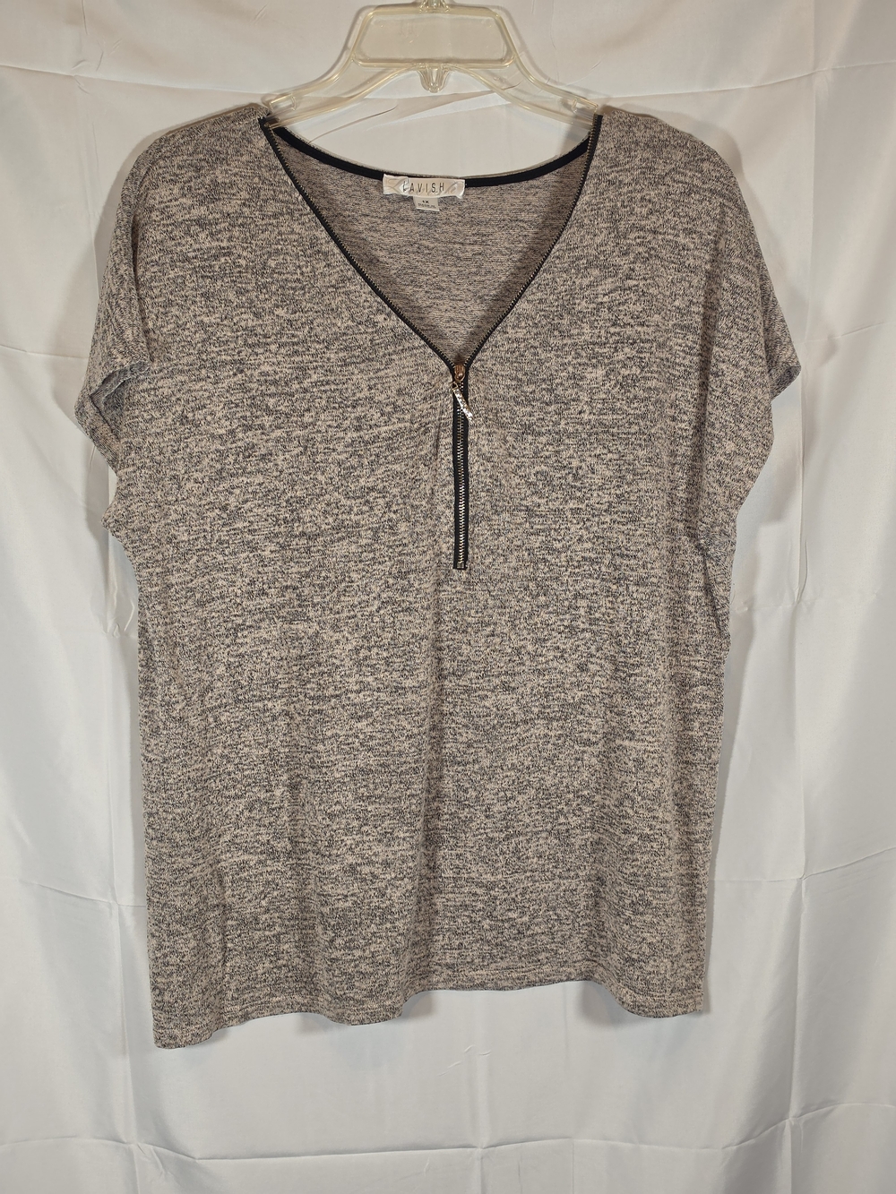 Lavish 1X Gray Black Marled Zip Front Short Sleeve Top